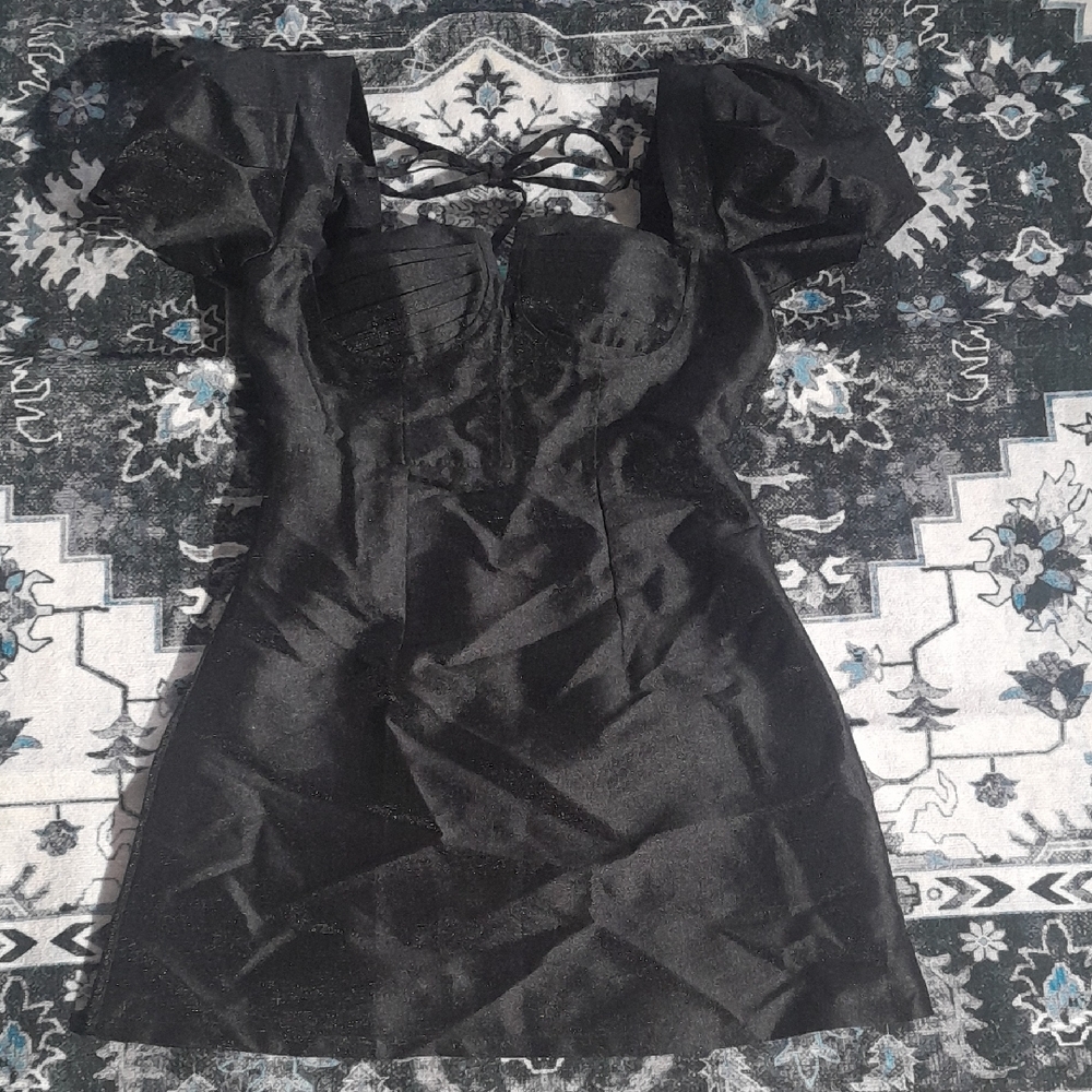 Soft Shiny Black Puff Sleeve Mini Romper with Detailed Bust NWOT